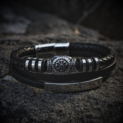Runic Vegvisir Compass Leather Bracelet