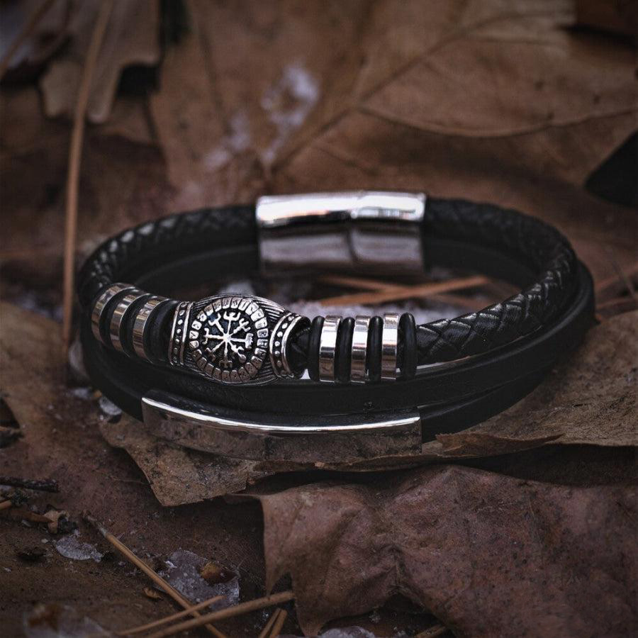 Runic Vegvisir Compass Leather Bracelet