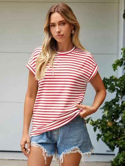 Striped Round Neck Cap Sleeve T-Shirt - Red Striped