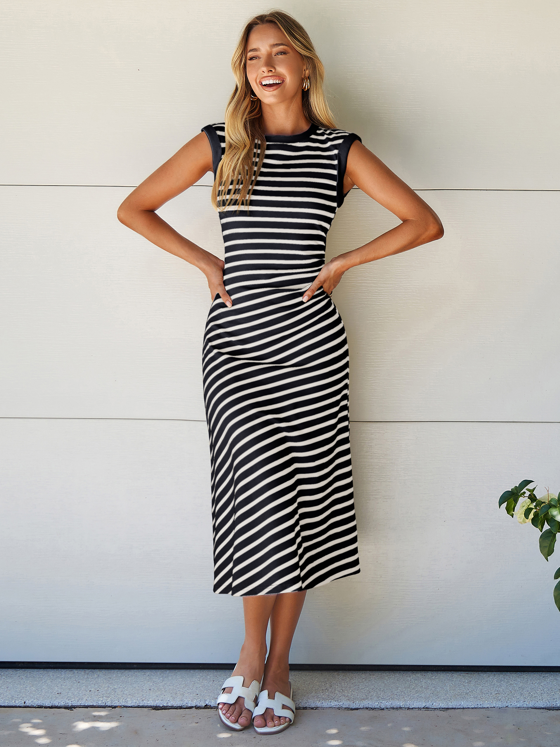 Striped Sleeveless Crew Neck A-Line Midi Dress