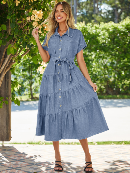 Short Sleeve Denim Belted Tiered Maxi Dress