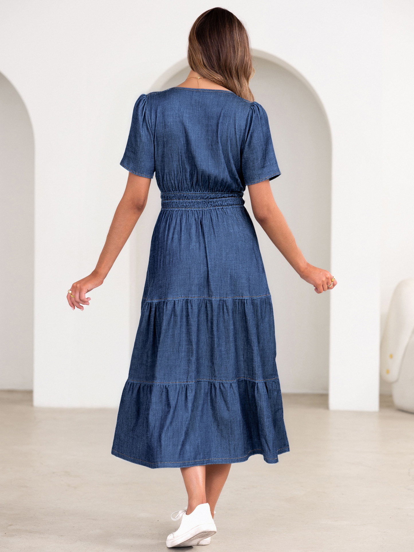 V Neck Smocked Waist Tiered Denim Maxi Dress - Denim Deep Blue