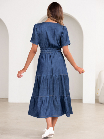 V Neck Smocked Waist Tiered Denim Maxi Dress - Denim Deep Blue