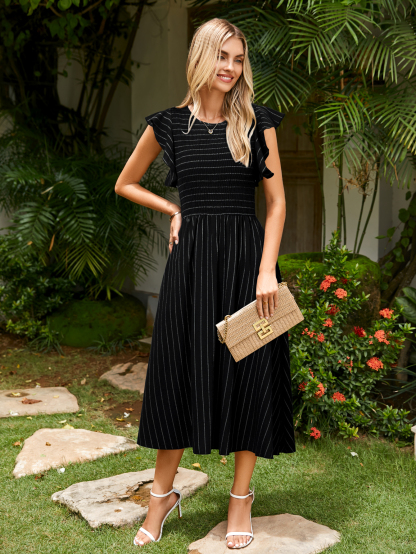 Striped Smocked Midi Dress with Flutter Sleeves - Black