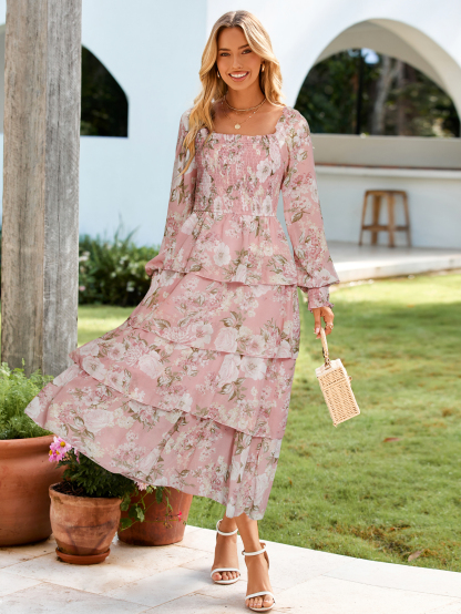 Floral Chiffon Tiered Smocked Wedding Guest Dress - Pink White