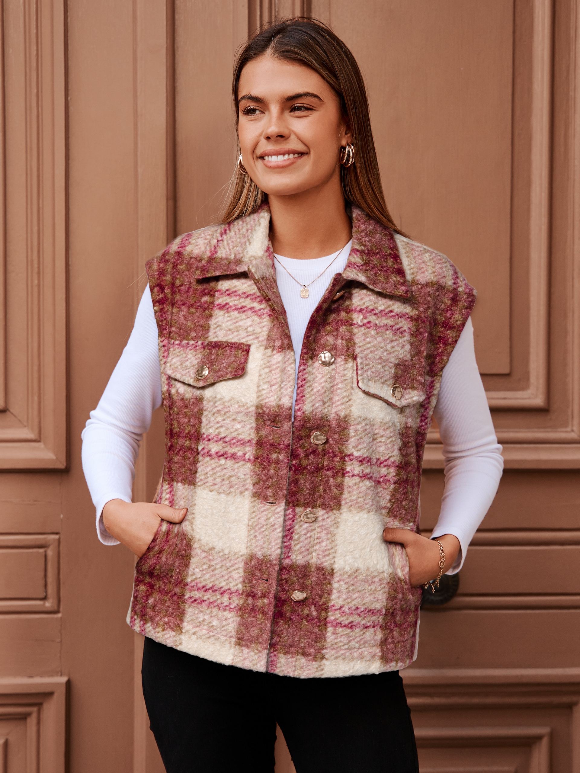 Plaid Faux Fur Sleeveless Button Up Fleece Vest - Plaid Pink