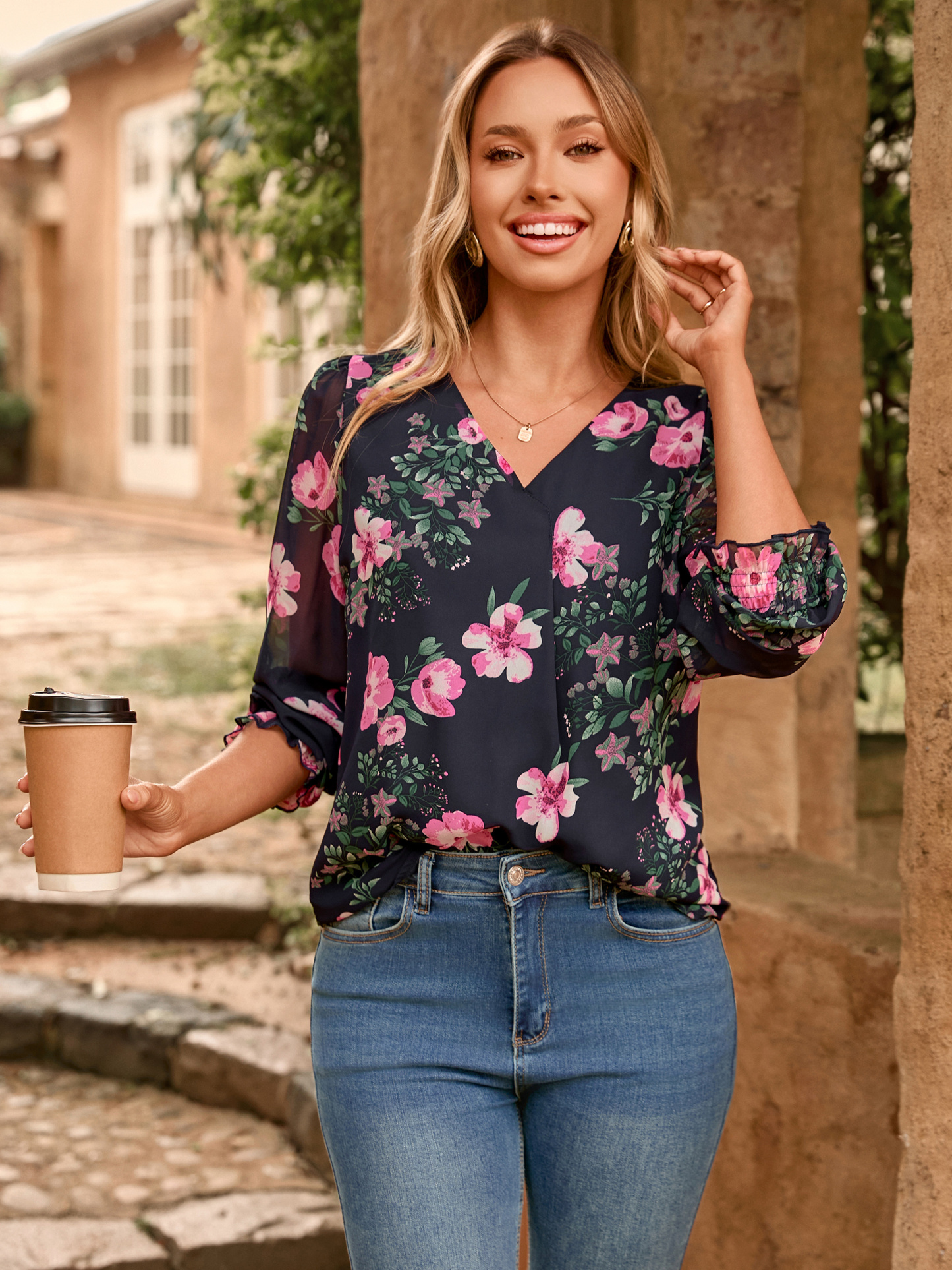 Floral V Neck Long Sleeve Blouse - Glamaker