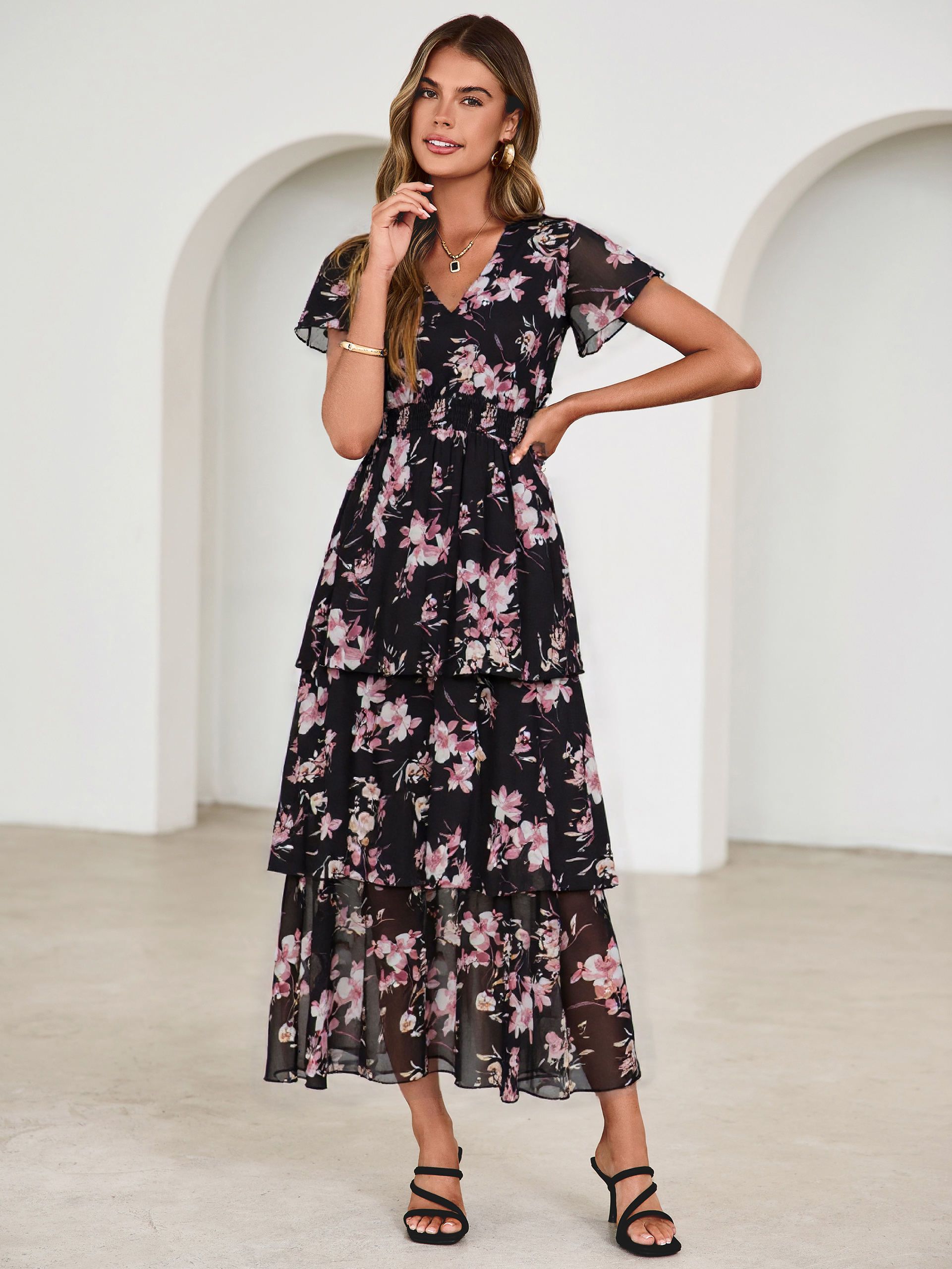 Ruffle Tiered Floral Wedding Guest Maxi Dress - Black Pink Floral