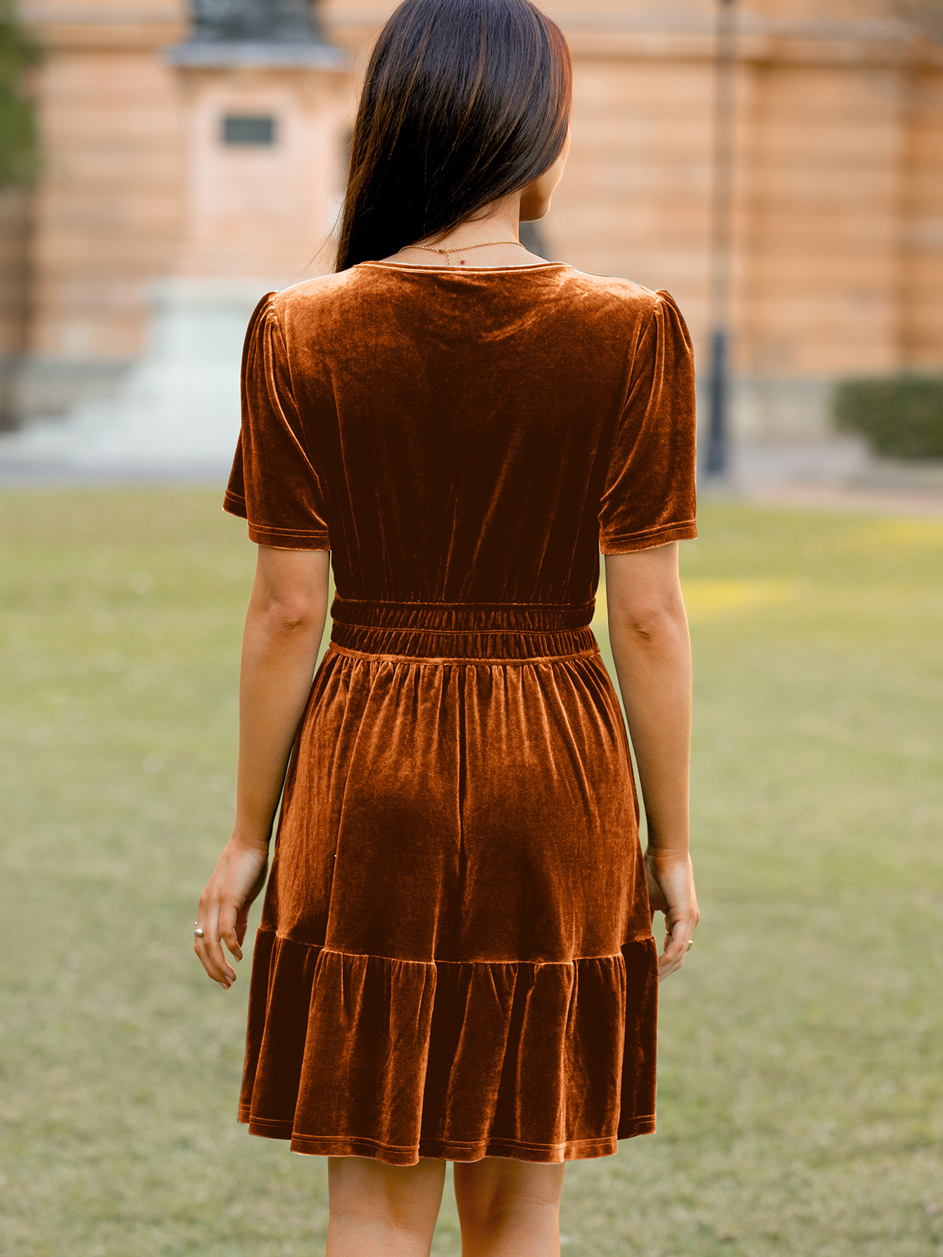 Glossy Velvet Cocktail Mini Dresses with Pockets - Burnt Orange