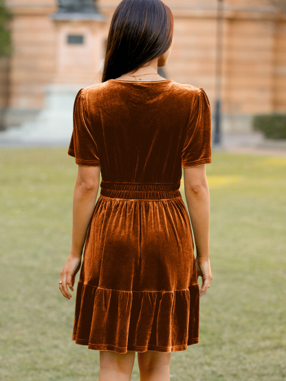 Glossy Velvet Cocktail Mini Dresses with Pockets - Burnt Orange