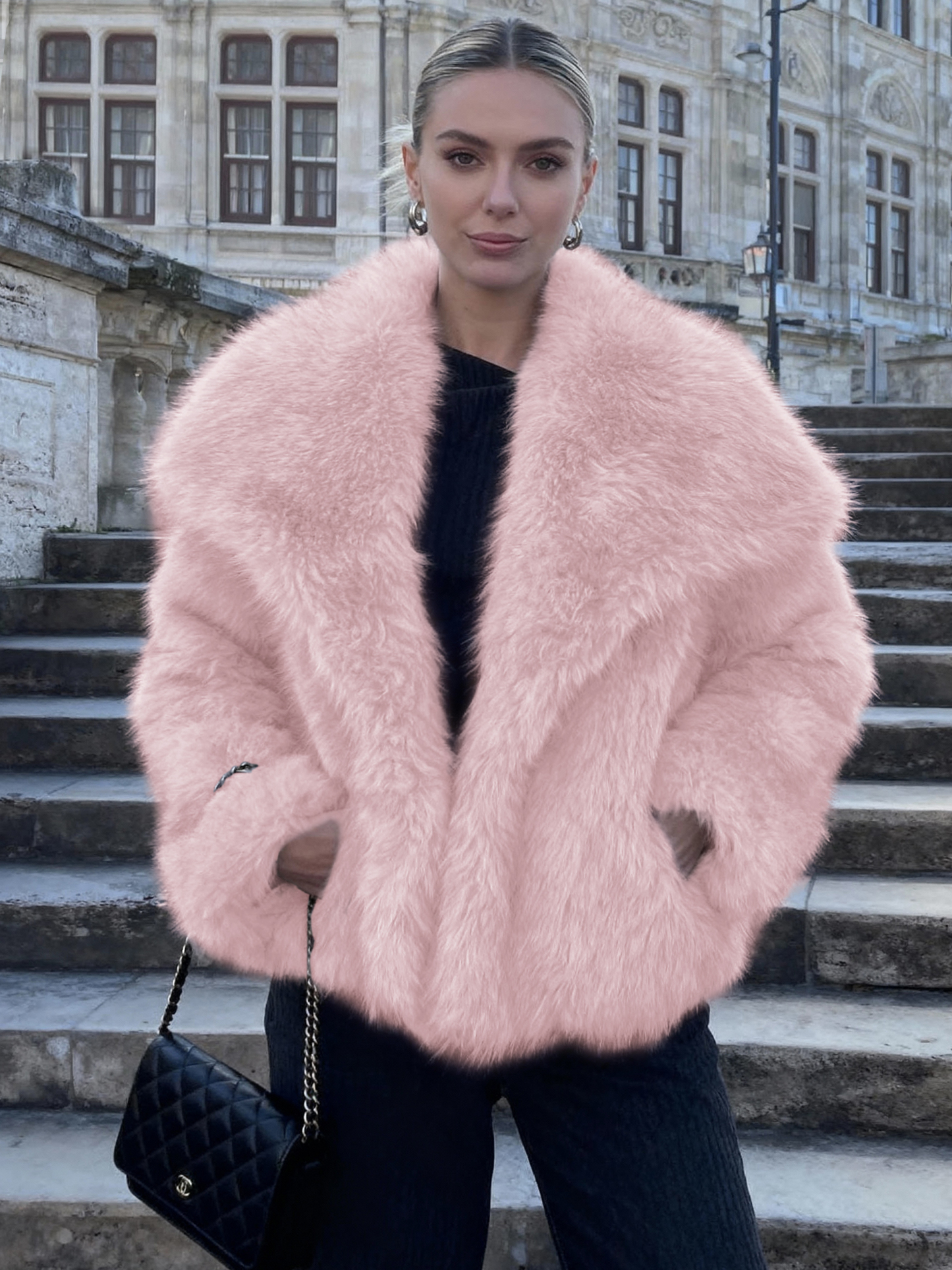 Luxurious Faux Fur Short Coat with Shawl Collar - Pink