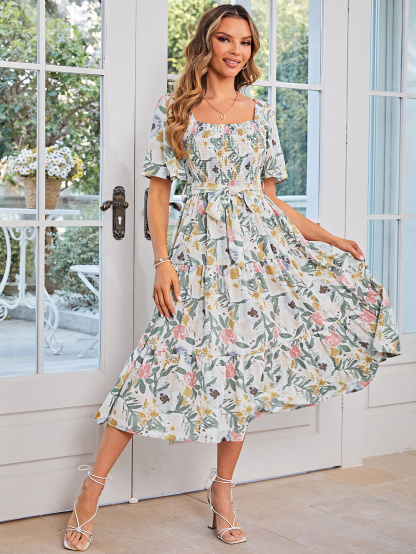 Floral Smocked Square Neck Short Sleeve Midi Dress