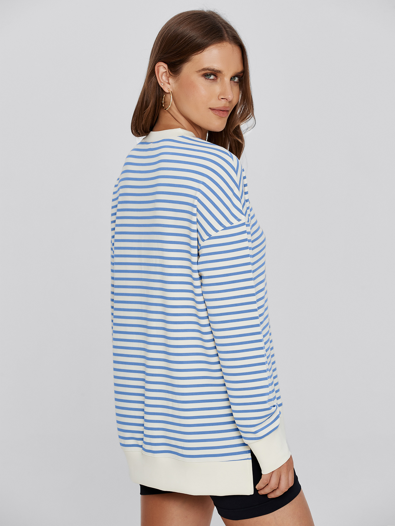 Crewneck Striped Pullover Sweatshirt - Striped-light Blue