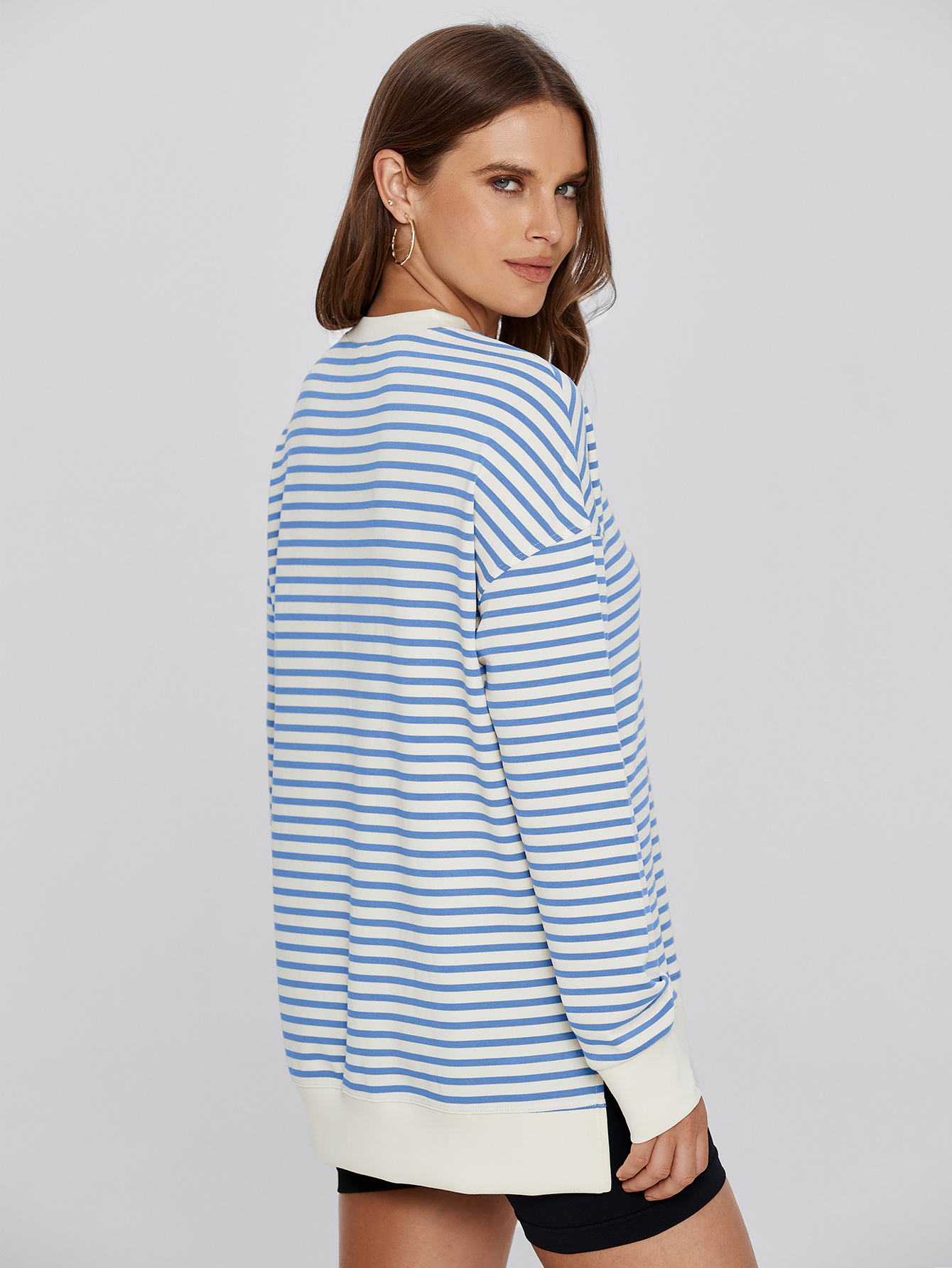 Crewneck Striped Pullover Sweatshirt - Striped-light Blue
