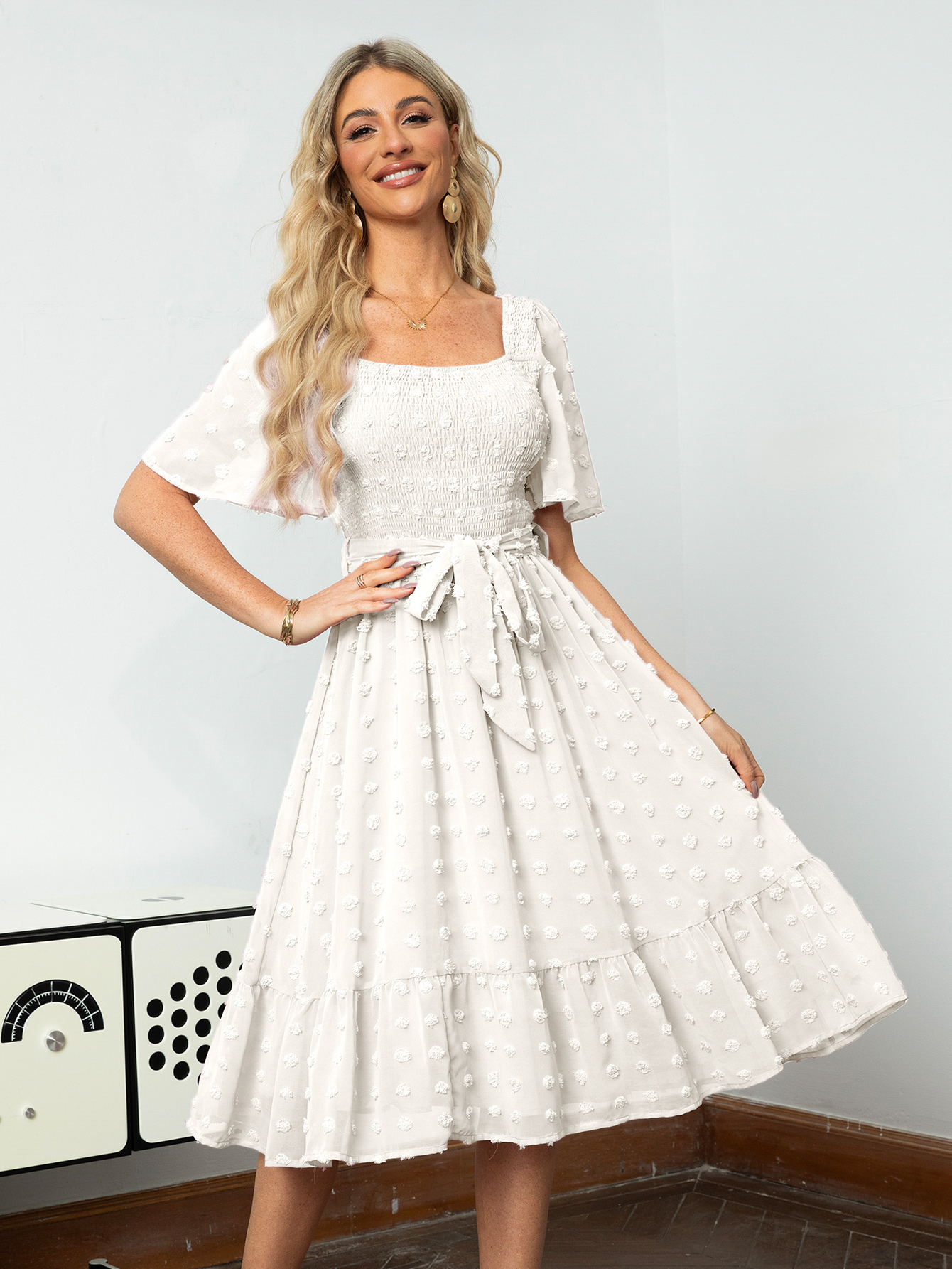 Square Neck Swiss Dot Ruffle Tie Waist Midi Dress - White