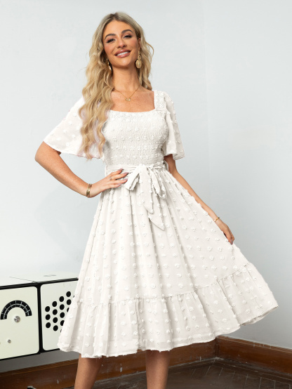 Square Neck Swiss Dot Ruffle Tie Waist Midi Dress - White