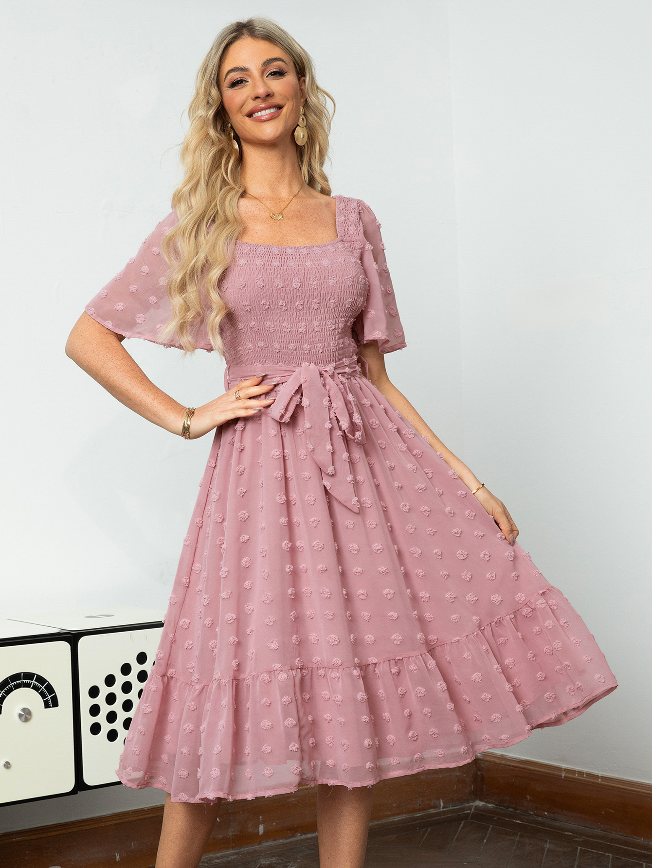 Square Neck Swiss Dot Ruffle Tie Waist Midi Dress - Pink