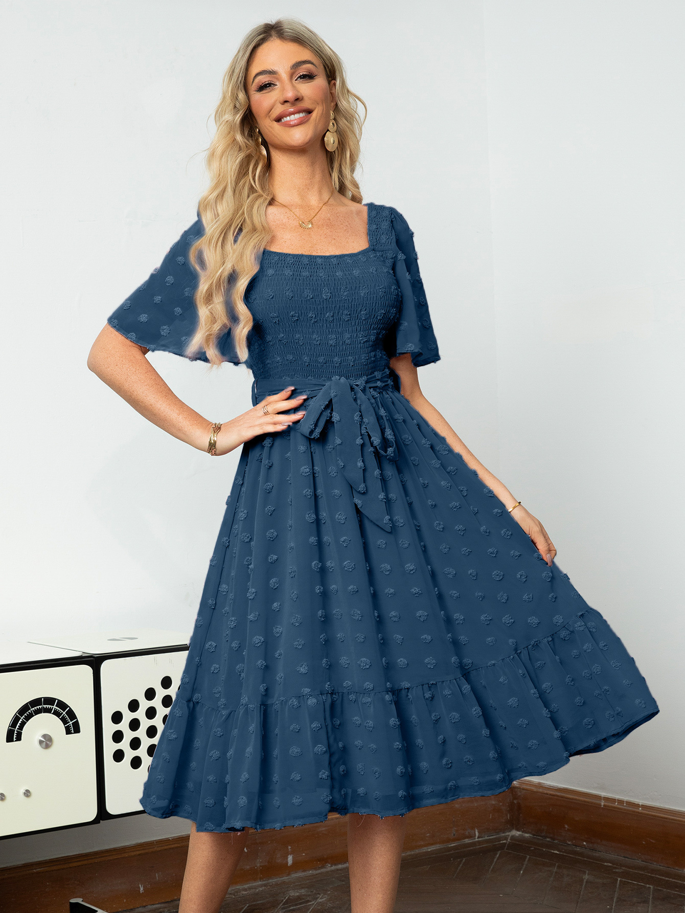 Square Neck Swiss Dot Ruffle Tie Waist Midi Dress - Navy Blue