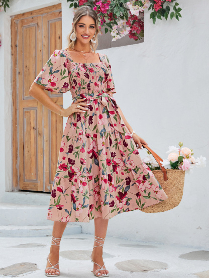Floral Shirred Ruffle Sleeve Tie Waist Midi Dress - Pink