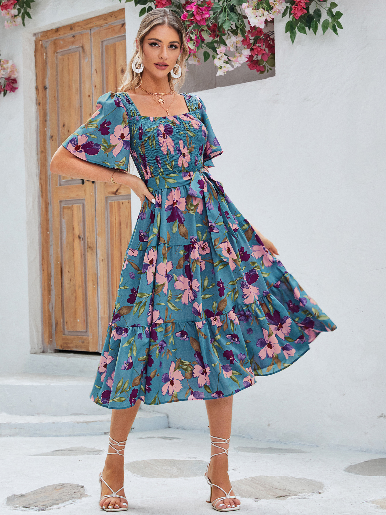 Floral Shirred Ruffle Sleeve Tie Waist Midi Dress - Blue