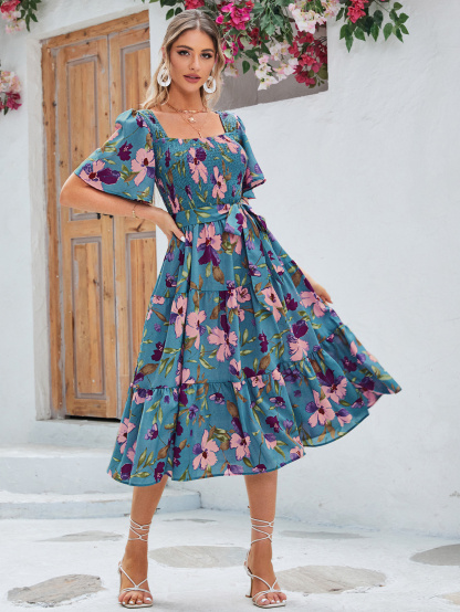 Floral Shirred Ruffle Sleeve Tie Waist Midi Dress - Blue
