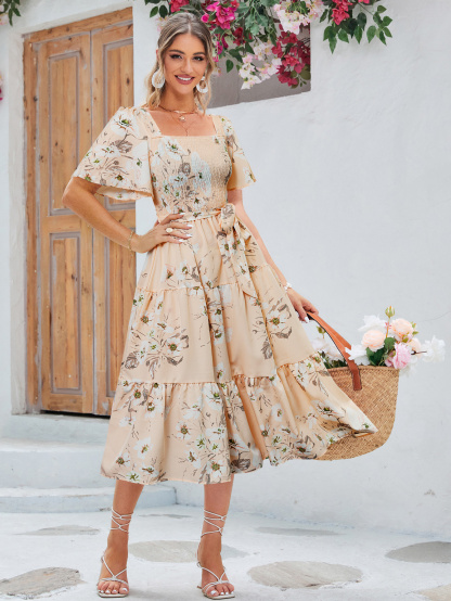 Floral Shirred Ruffle Sleeve Tie Waist Midi Dress - Light Pink
