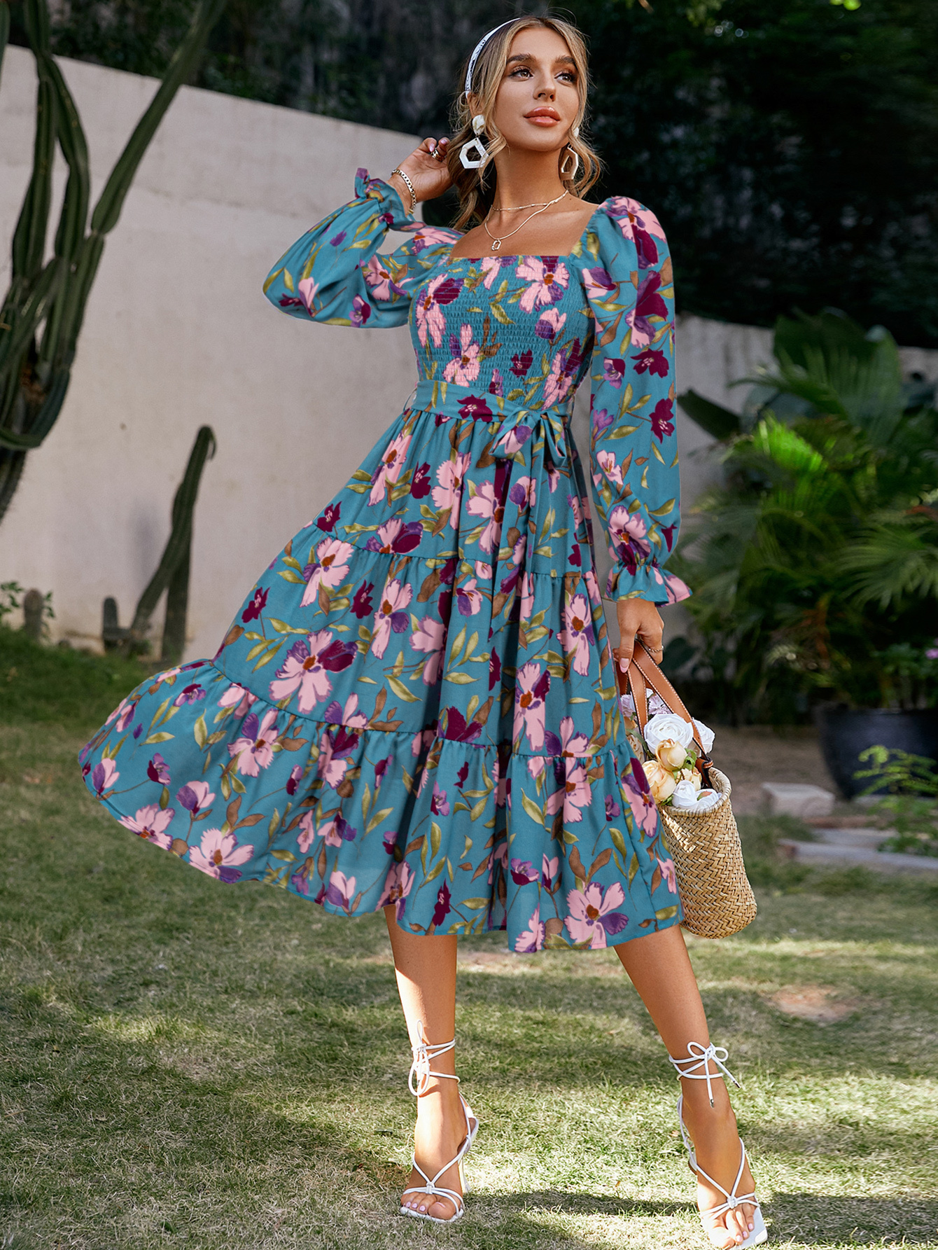 Floral Shirred Tie Waist Long Sleeve Midi Dress - Blue