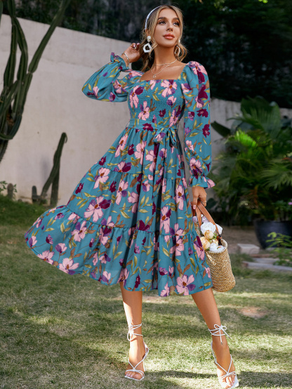 Floral Shirred Tie Waist Long Sleeve Midi Dress - Blue