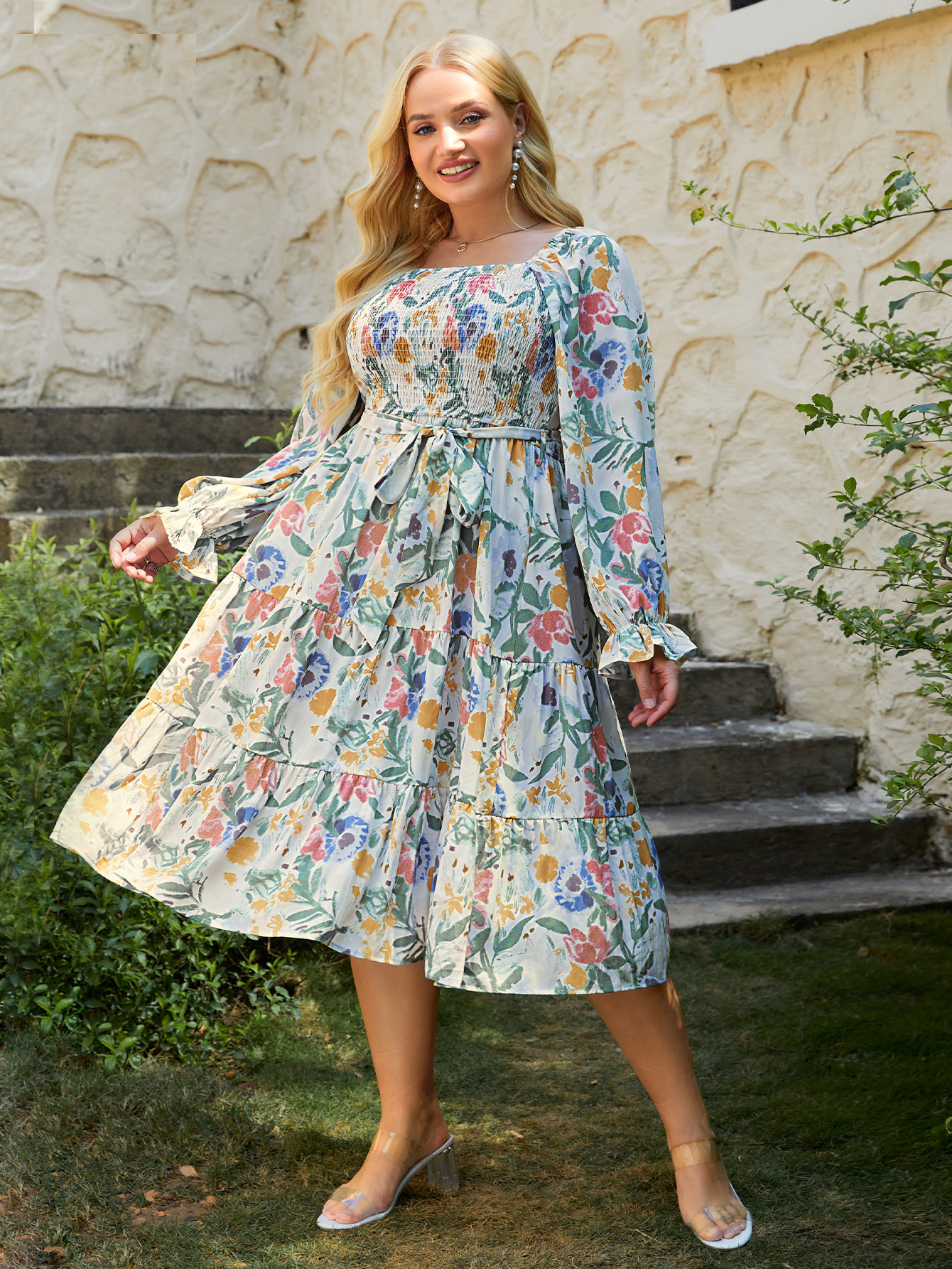 Square Neck Floral Shirred Tie Waist Plus Size Midi Dress