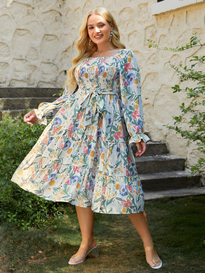 Square Neck Floral Shirred Tie Waist Plus Size Midi Dress