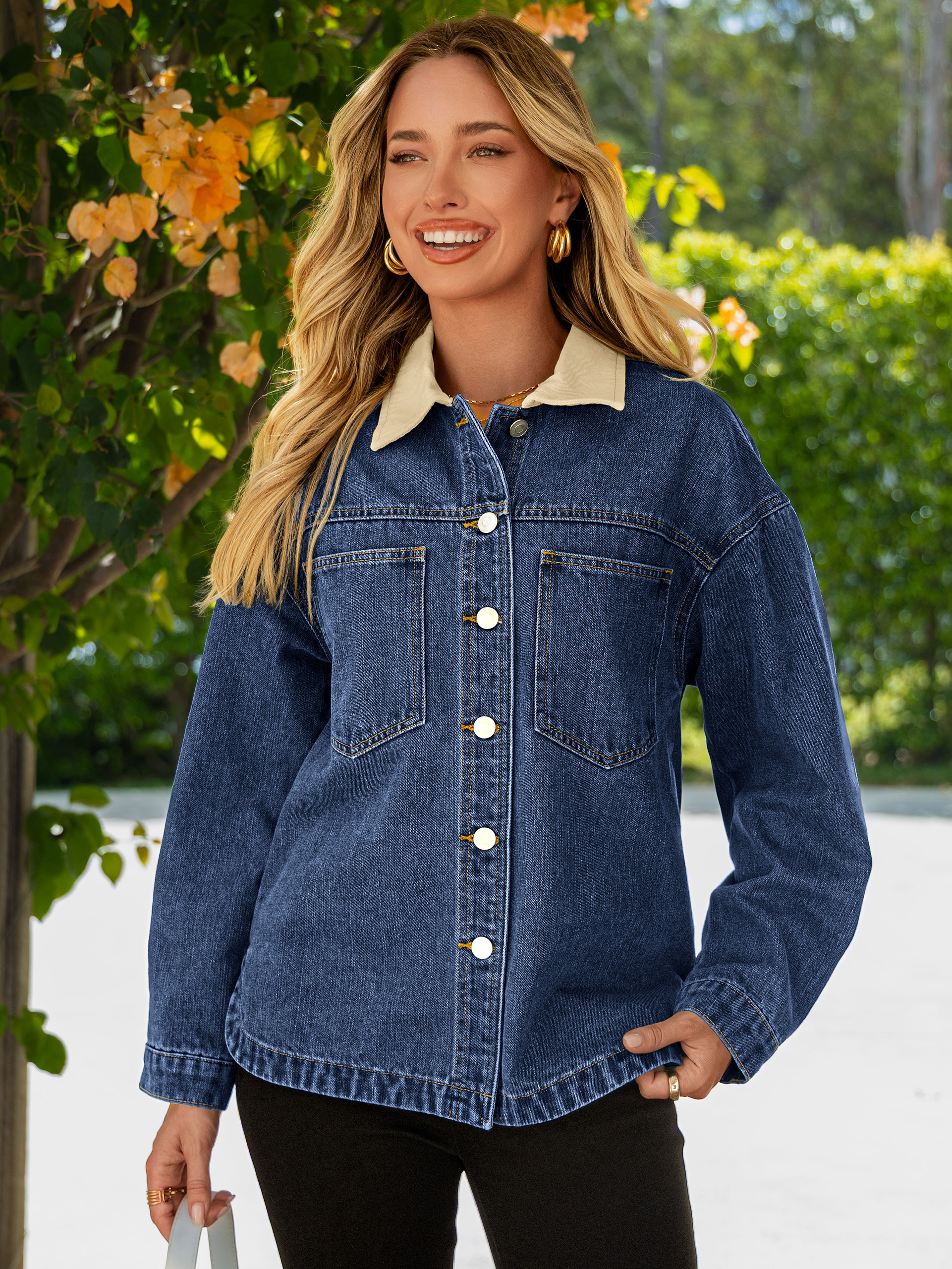 Oversized Contrast Collar Vintage Denim Jacket - Denim Dark Blue