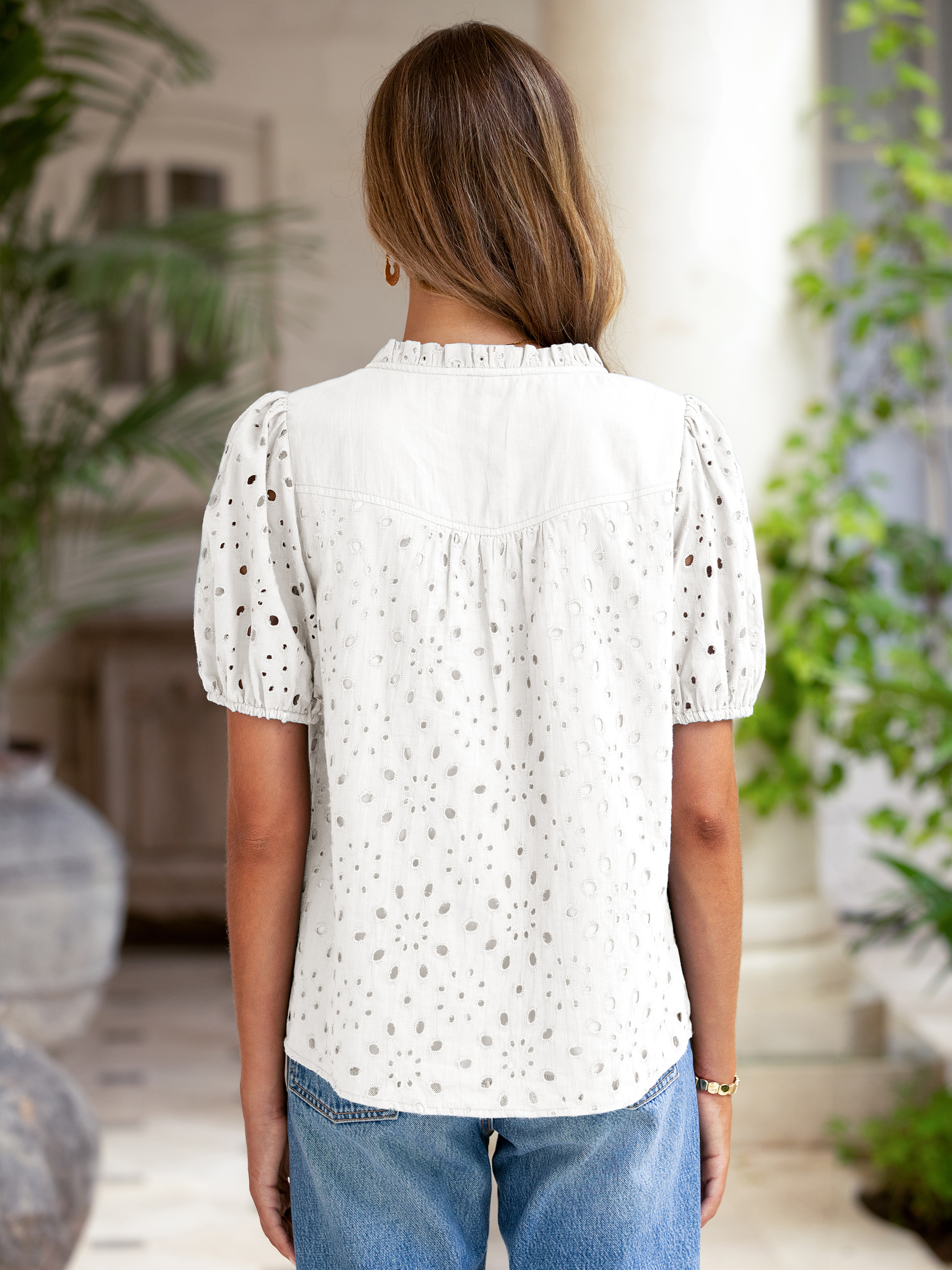 Hollow Out Puff Sleeve Cotton Lace Blouse