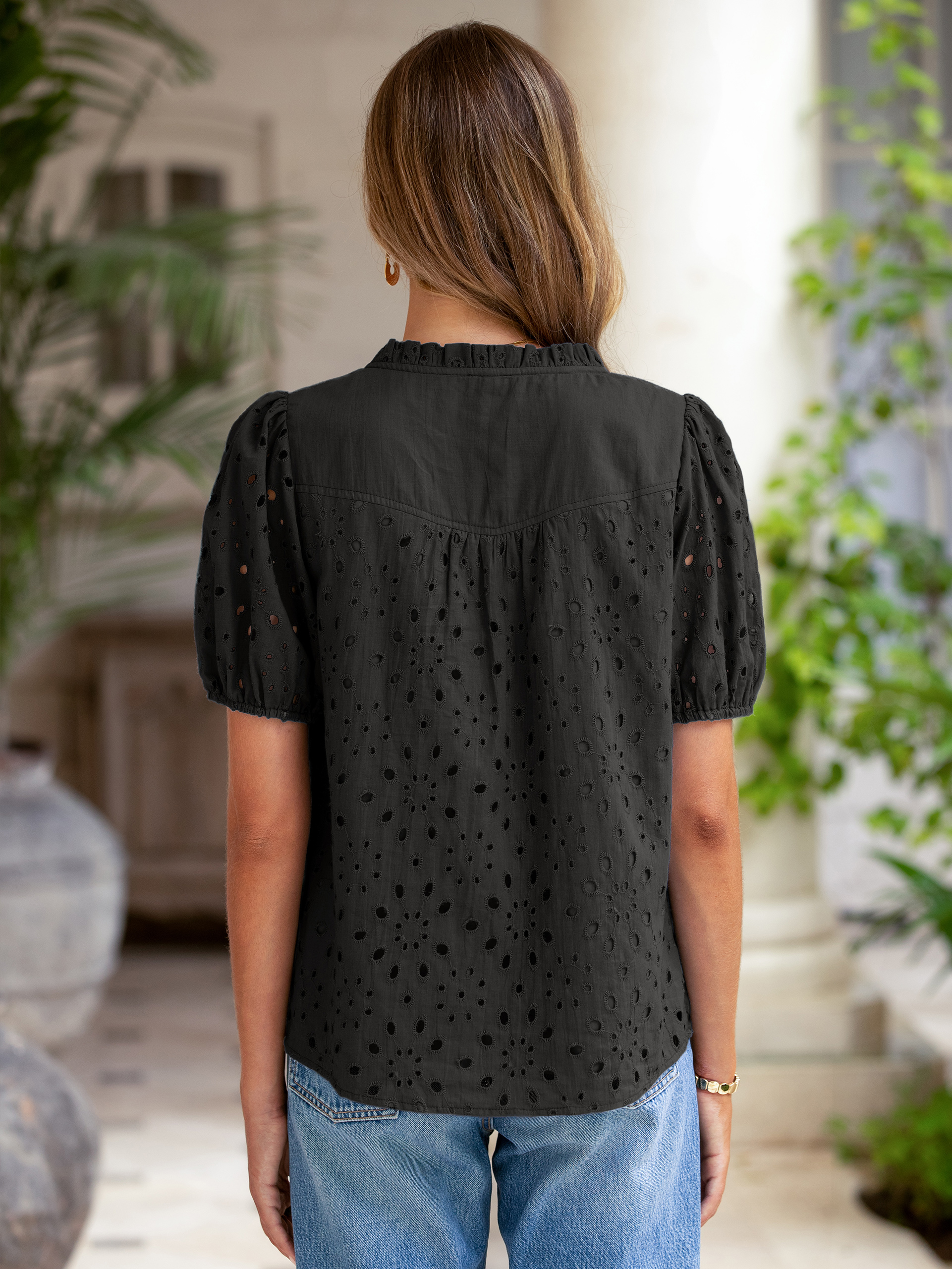Hollow Out Puff Sleeve Cotton Lace Blouse