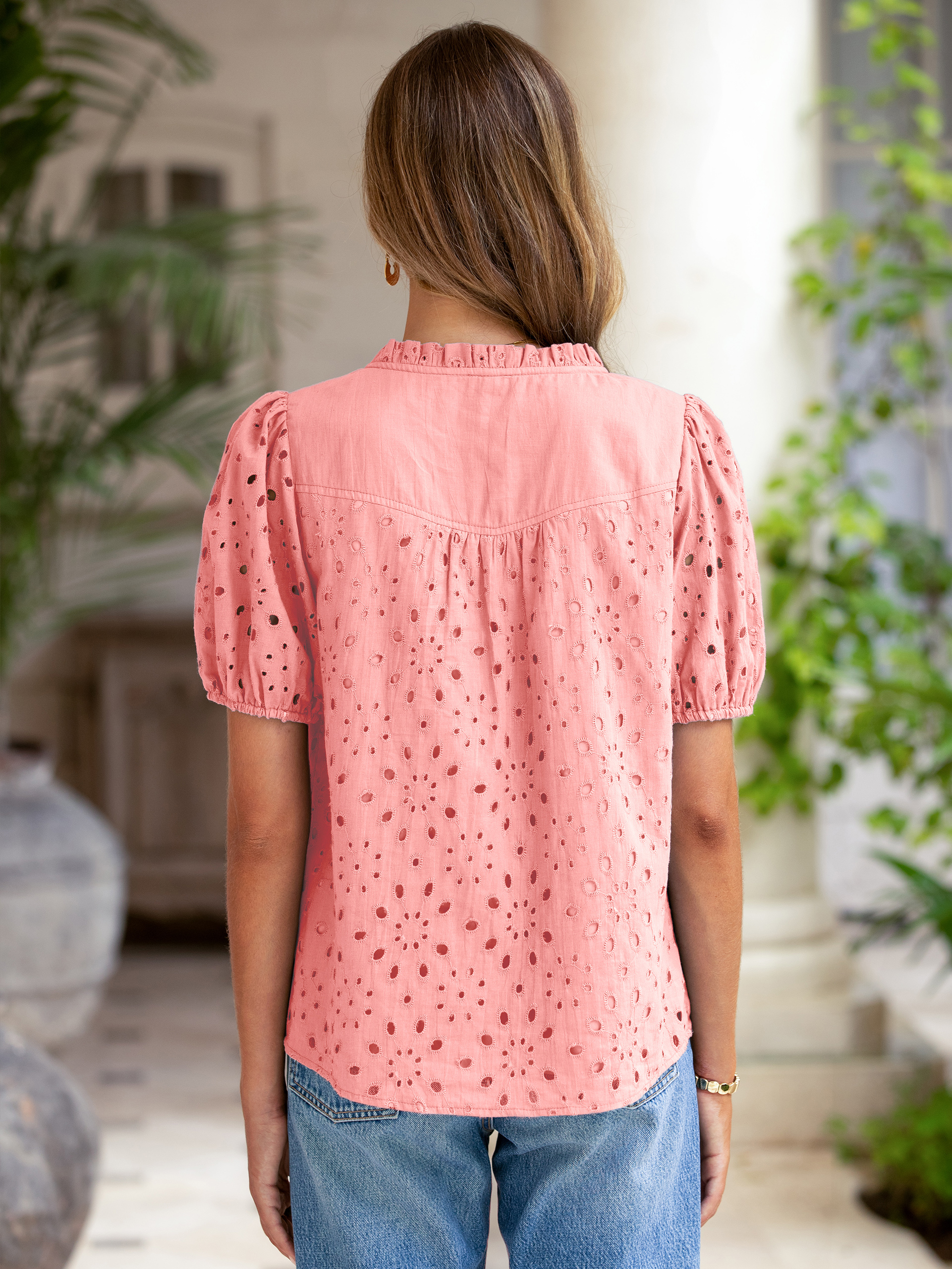 Hollow Out Puff Sleeve Cotton Lace Blouse