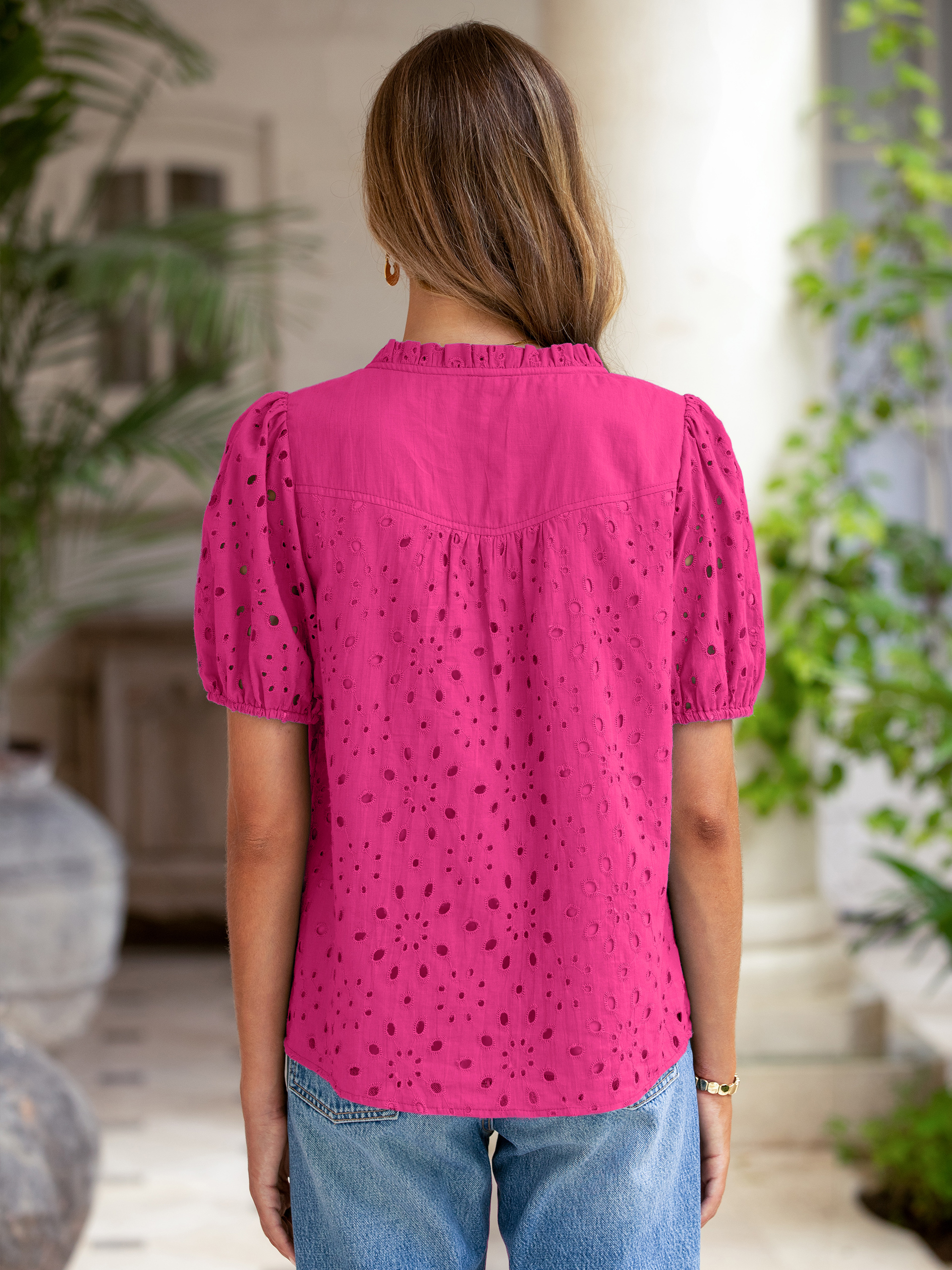 Hollow Out Puff Sleeve Cotton Lace Blouse