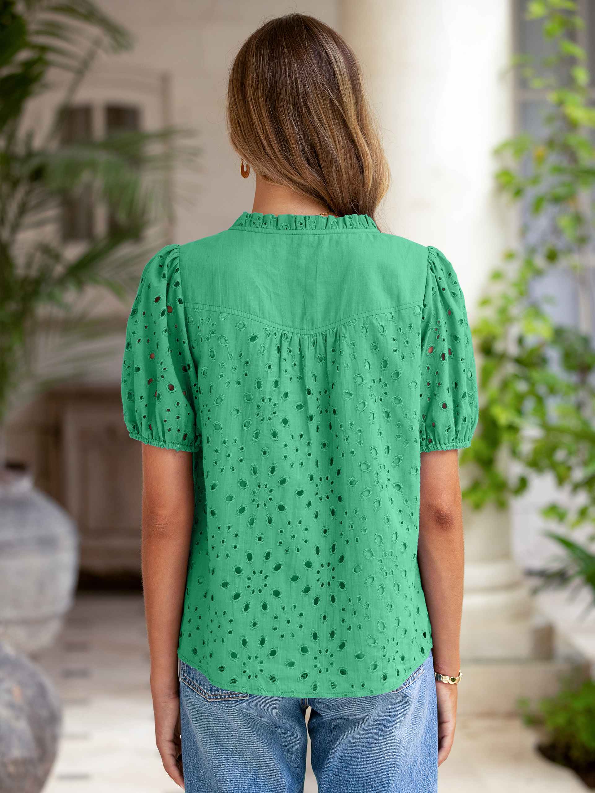 Hollow Out Puff Sleeve Cotton Lace Blouse