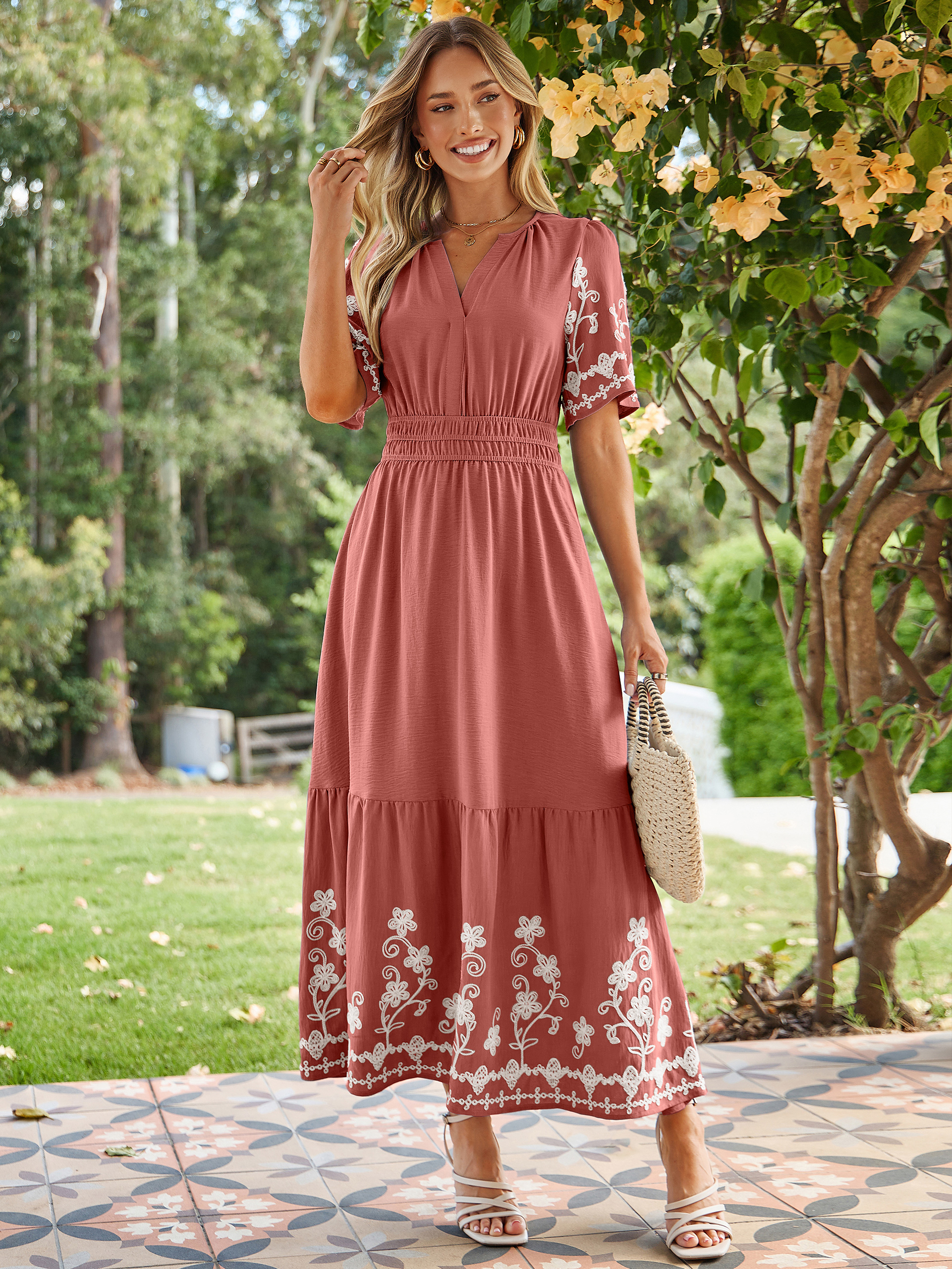 Floral Embroidery V-Neck A-Line Maxi Dress