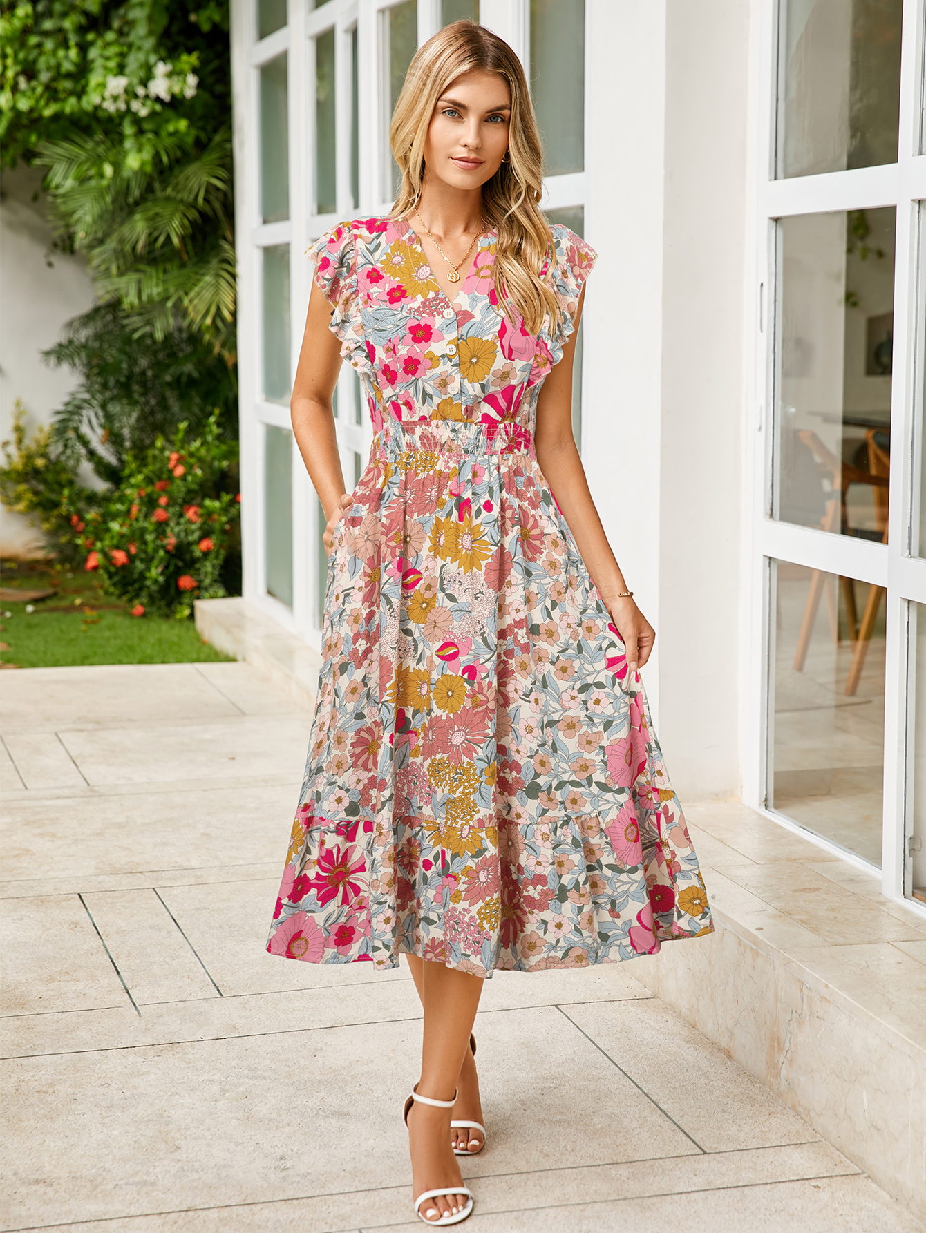 Boho Floral V Neck Short Sleeve Maxi Dress - Pink Floral