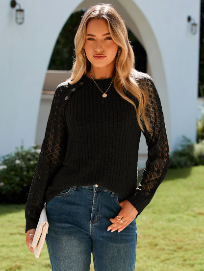 Lace Hollow Out Long Sleeve Crewneck Tunic Top - Black