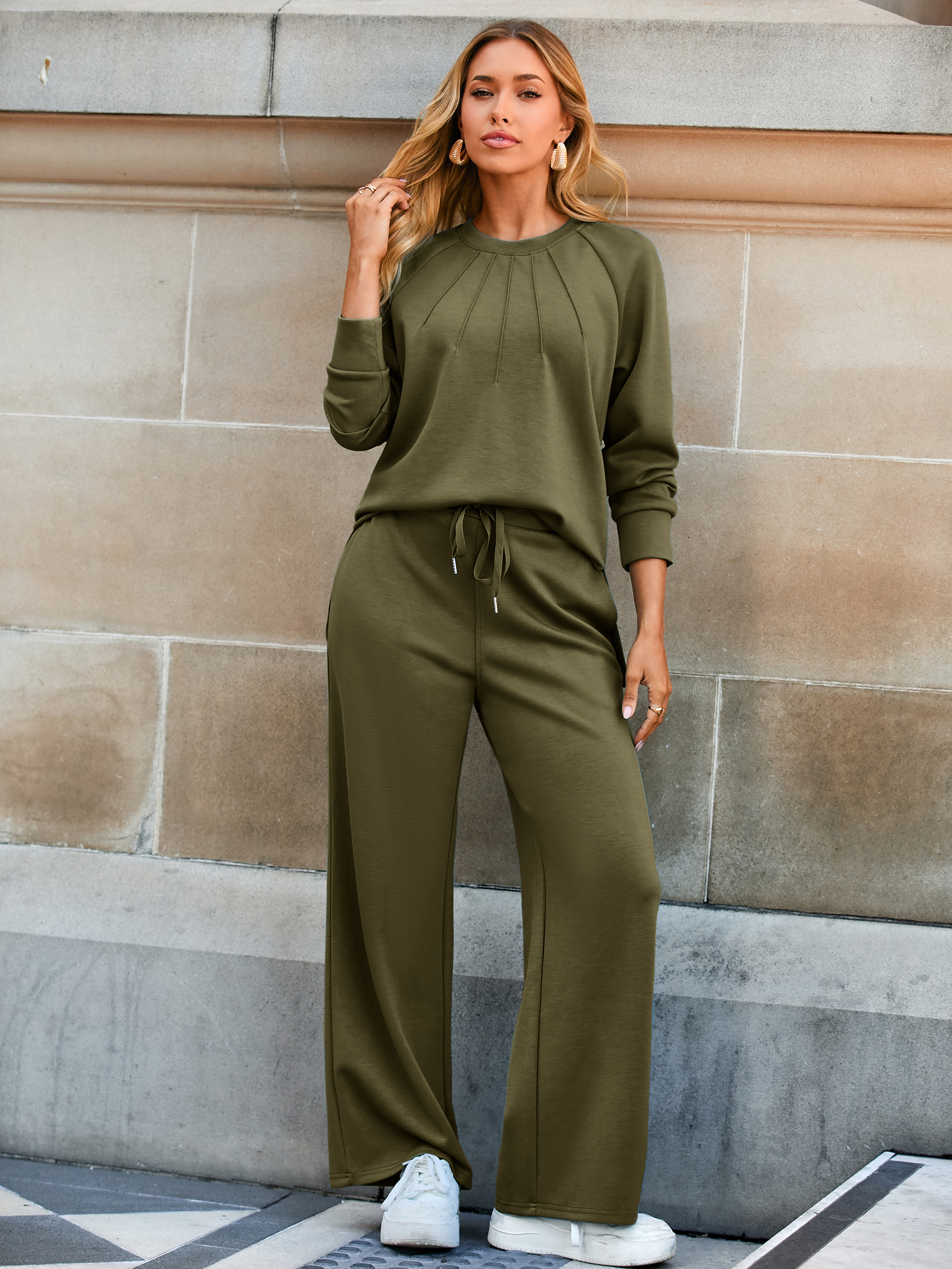 Pleated Sweatshirt Two Piece Lounge Set - Army Green