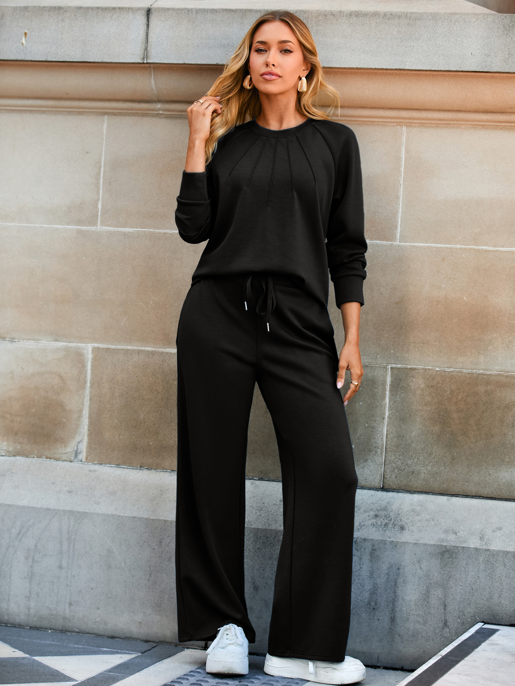 Pleated Sweatshirt Two Piece Lounge Set - Black
