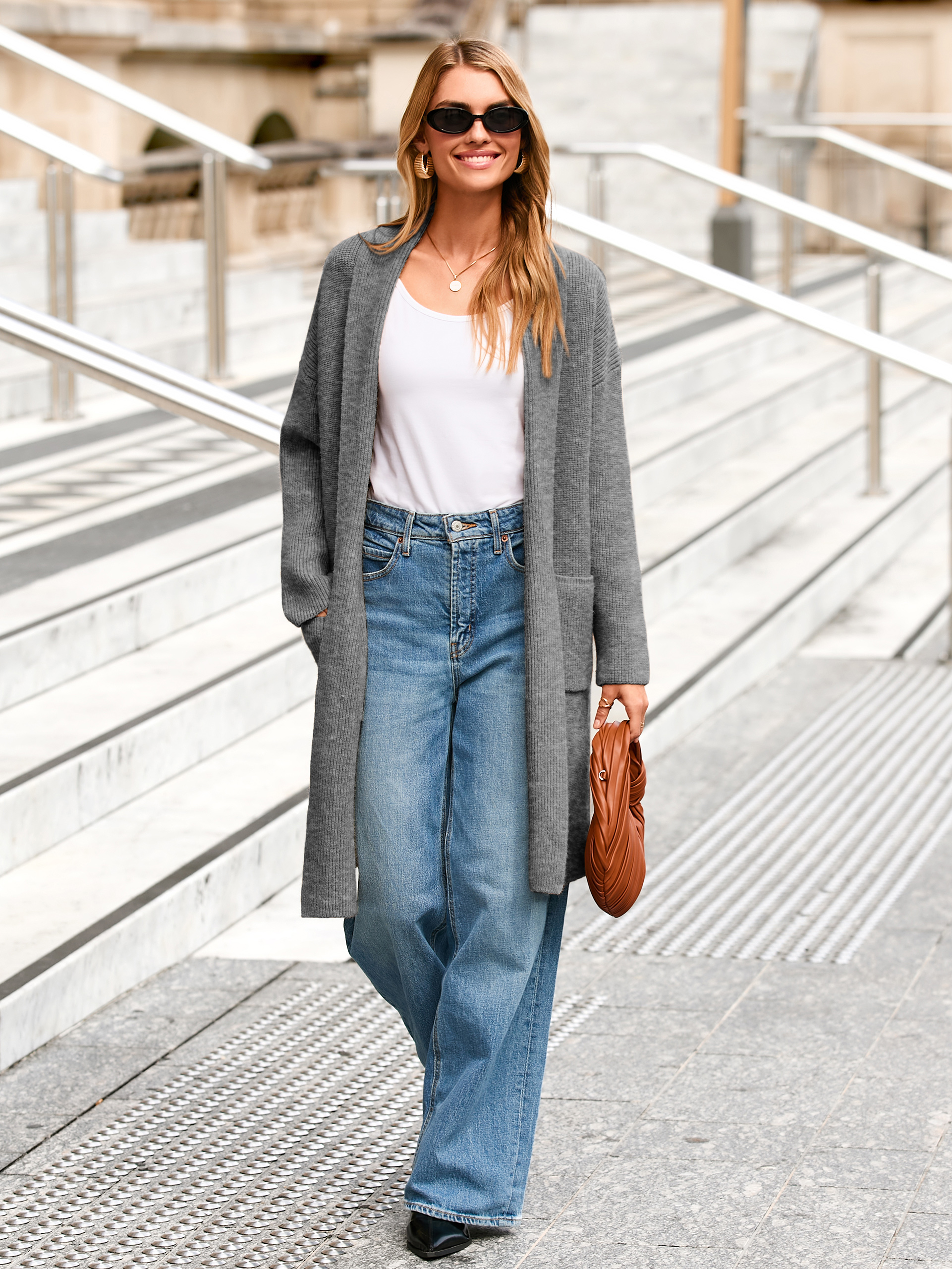 Oversized Open Front Long Knit Cardigan Coat - Gray