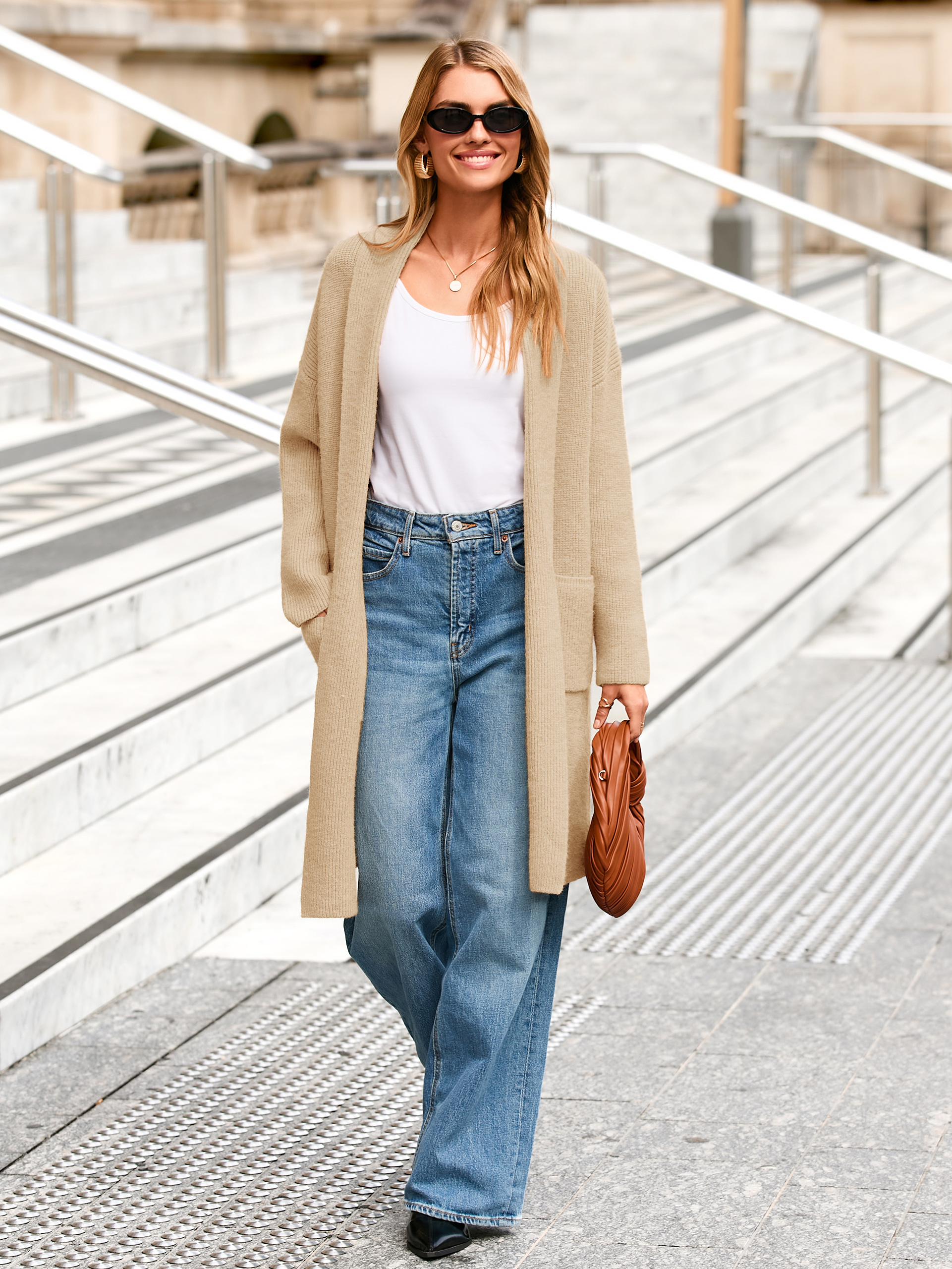 Oversized Open Front Long Knit Cardigan Coat - Beige