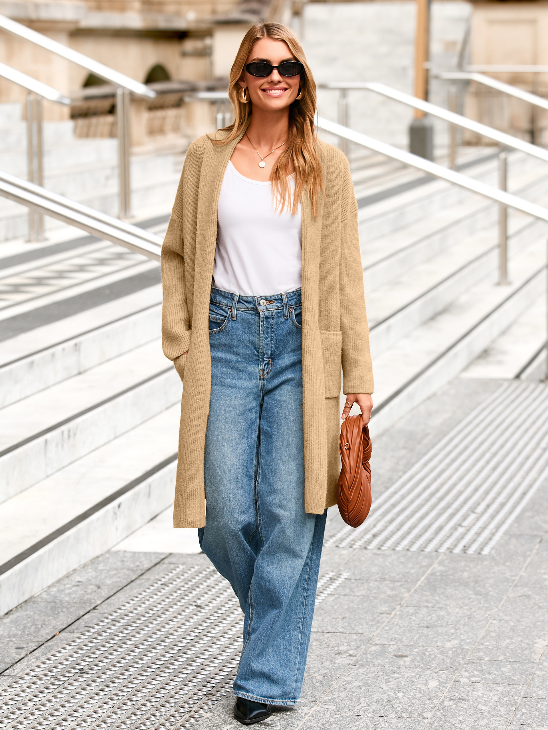 Oversized Open Front Long Knit Cardigan Coat - Khaki