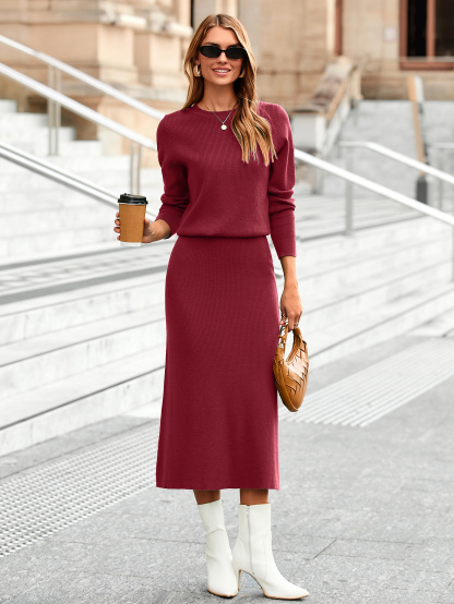 Ribbed Knit Crewneck Sweater Midi Skirt Set - Wine Red