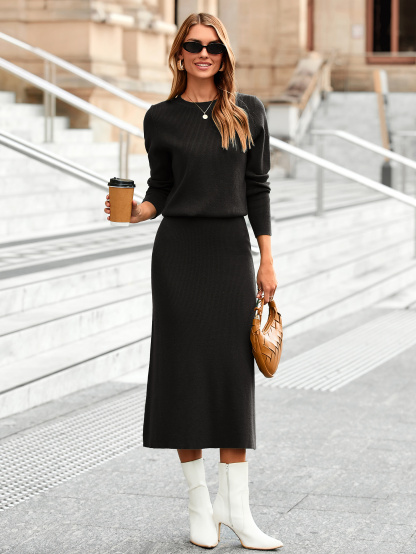 Ribbed Knit Crewneck Sweater Midi Skirt Set - Black