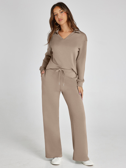 Lightweight Two Piece Polo Collar Lounge Set - Camel