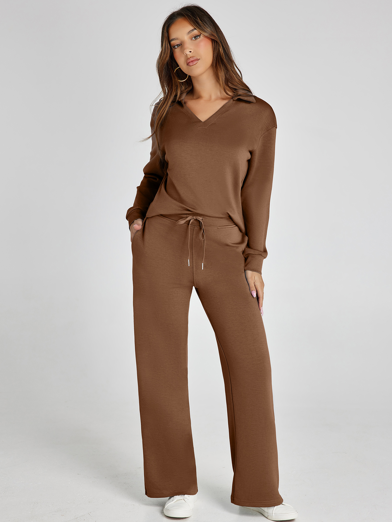 Lightweight Two Piece Polo Collar Lounge Set - Brown
