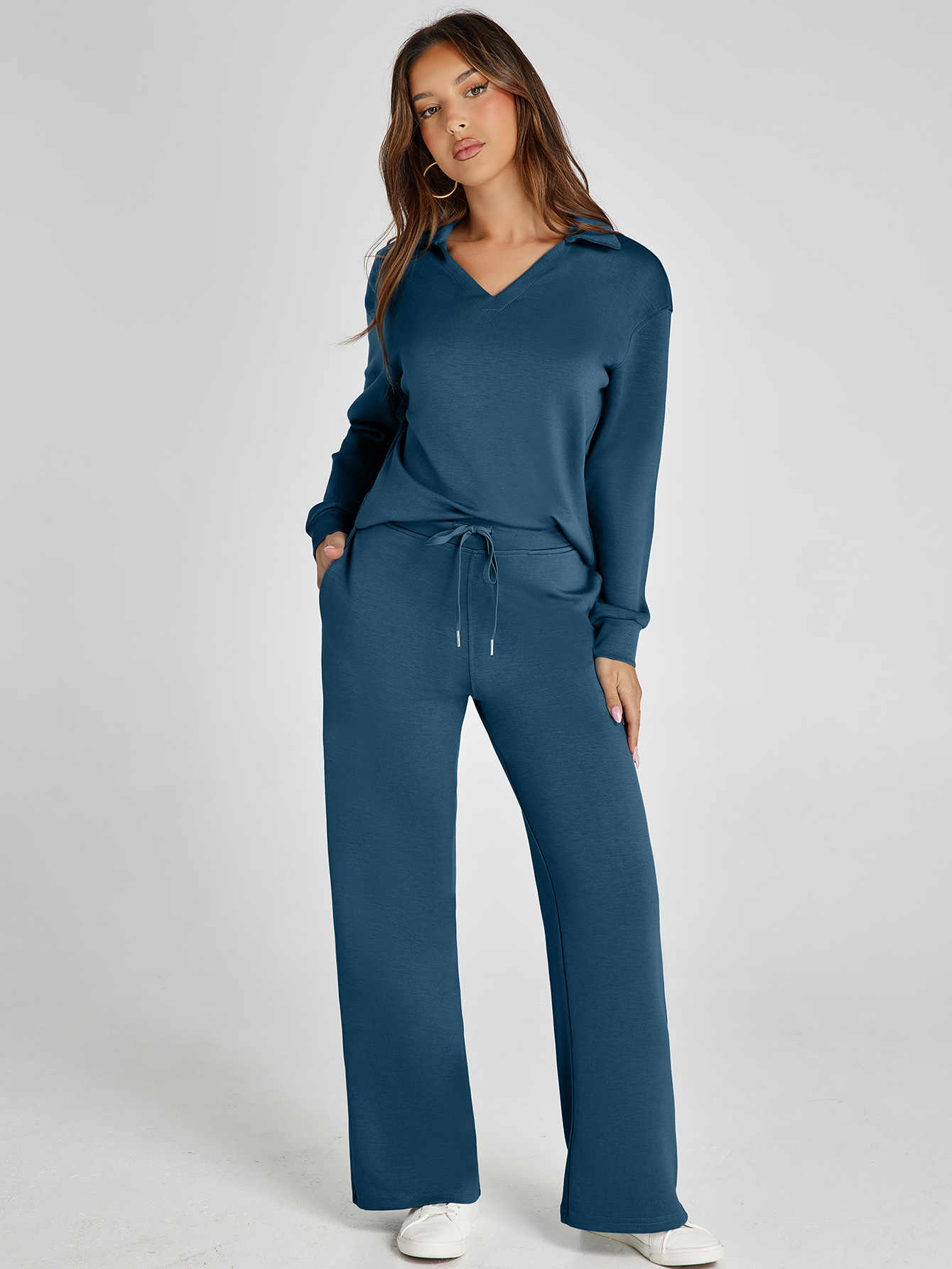 Lightweight Two Piece Polo Collar Lounge Set - Blue Green