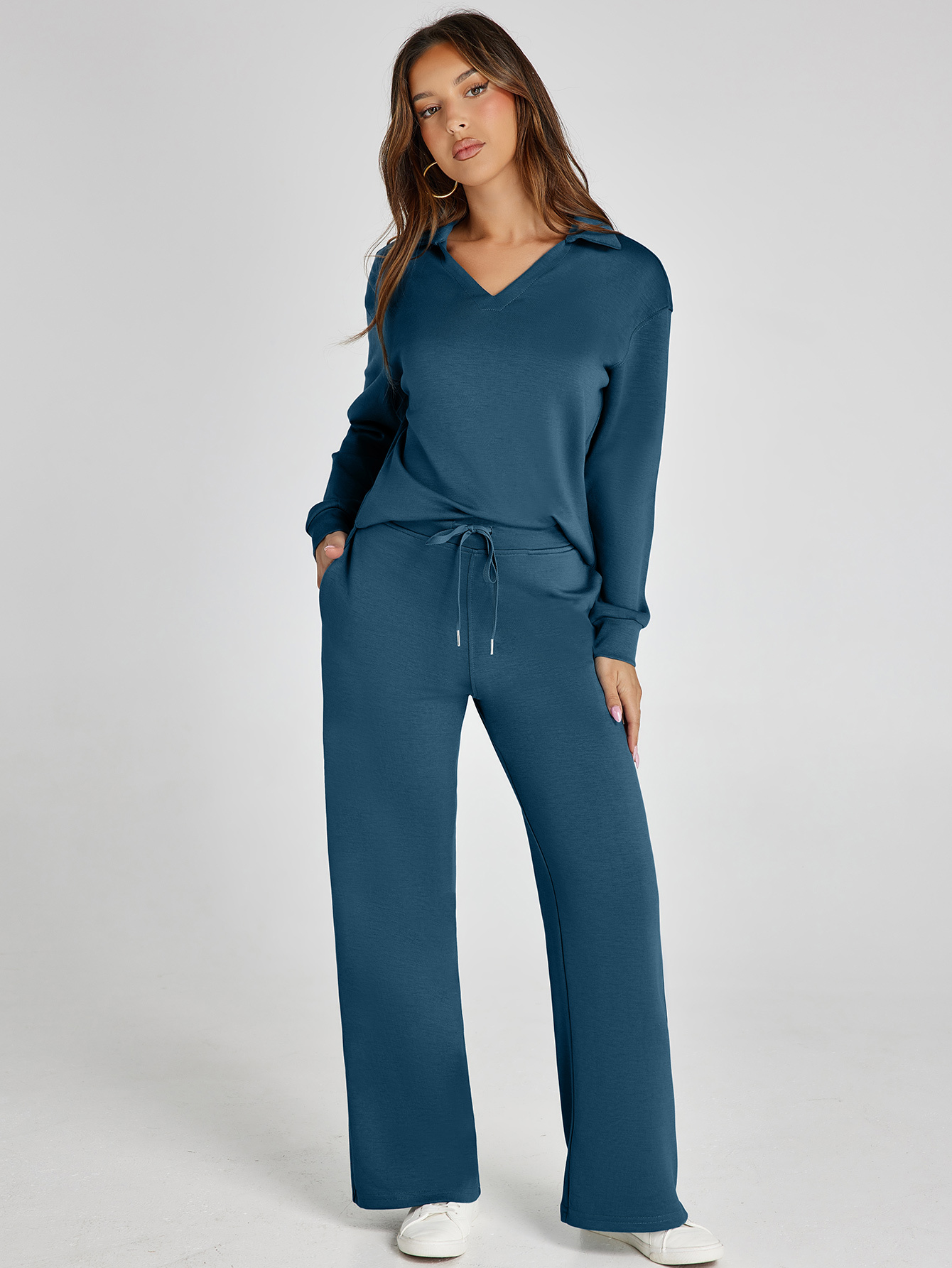 Lightweight Two Piece Polo Collar Lounge Set - Blue Green